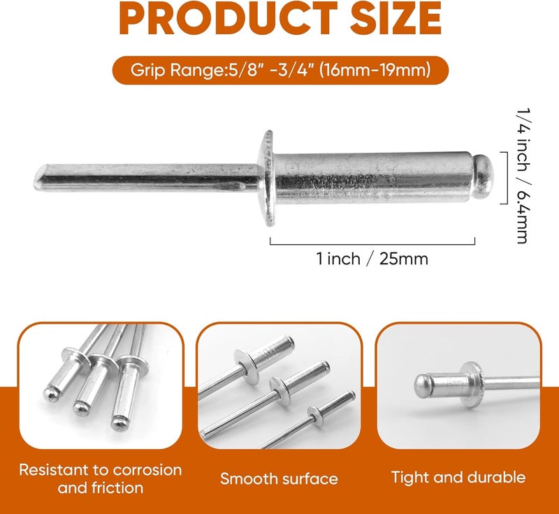 ALLCLEAN 60 Pcs 1/4" x 1" Aluminum Blind Rivets,6.4 x 25mm Pop Rivets,Aluminum Grip and Steel Mandrel - Image 2